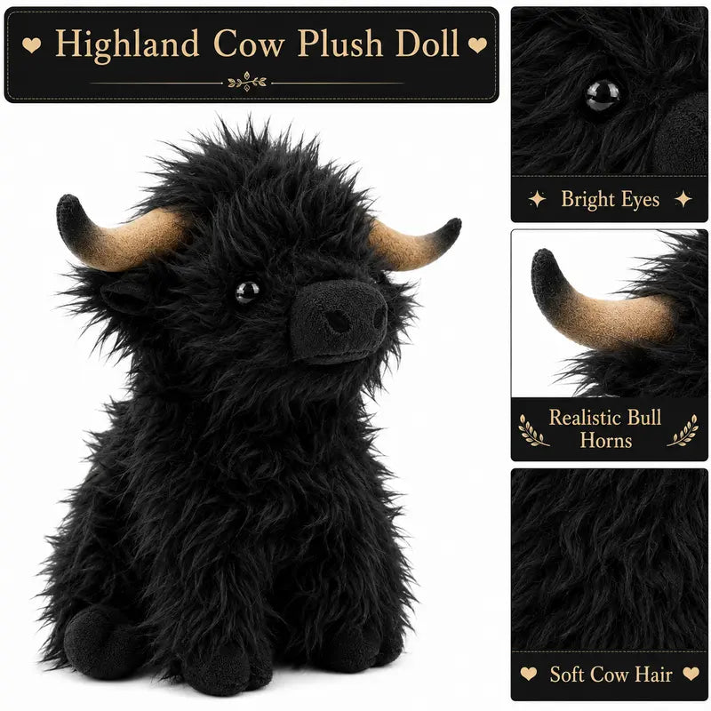 Realistic Highland Cow Plush Toy - Black
